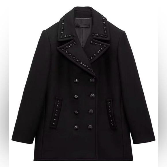 🌷SOLD 🌷ZARA Black Wool Blend Studded Double-Breasted Coat/Jacket | Medium | NWT - Picture 8 of 13